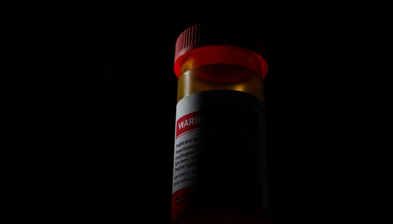 An extreme close-up photograph of a prescription pill bottle with a red warning label, capturing the stark, gritty, and investigative nature of this story about a pharmacy losing its license to handle controlled substances.
