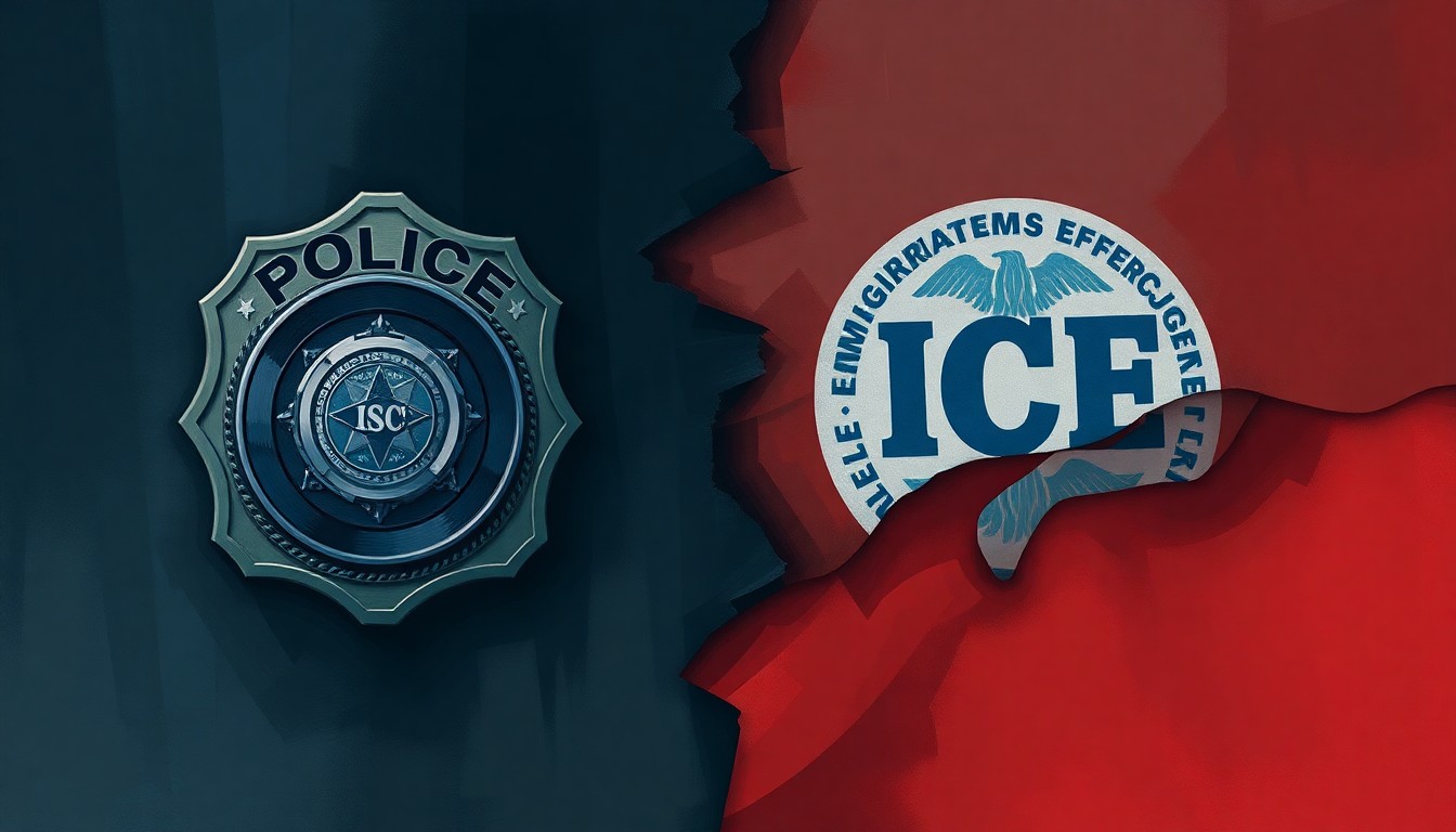 A fractured, abstract painting featuring overlapping geometric shapes and waves of dark blue, grey, and red tones, representing the political tensions and divided perspectives around the 287(G) immigration enforcement program.