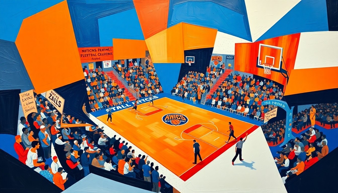 A cubist, geometric painting depicting a Knicks basketball game, with sharp, overlapping planes of orange, blue, and white representing the players and action on the court.