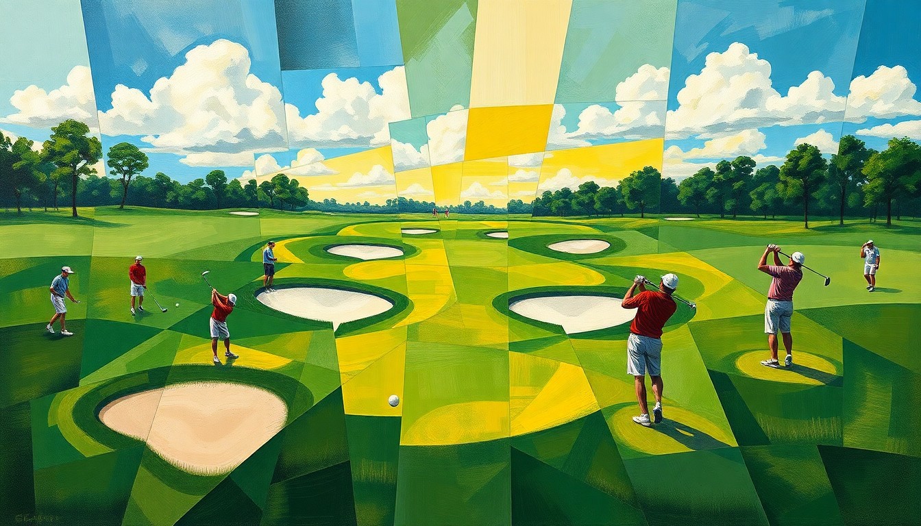 A fragmented, geometric painting depicting the various elements of a high school golf tournament - fairways, sand traps, golfers swinging their clubs - rendered in an abstract, Cubist style that emphasizes the dynamic energy and strategic depth of the sport.