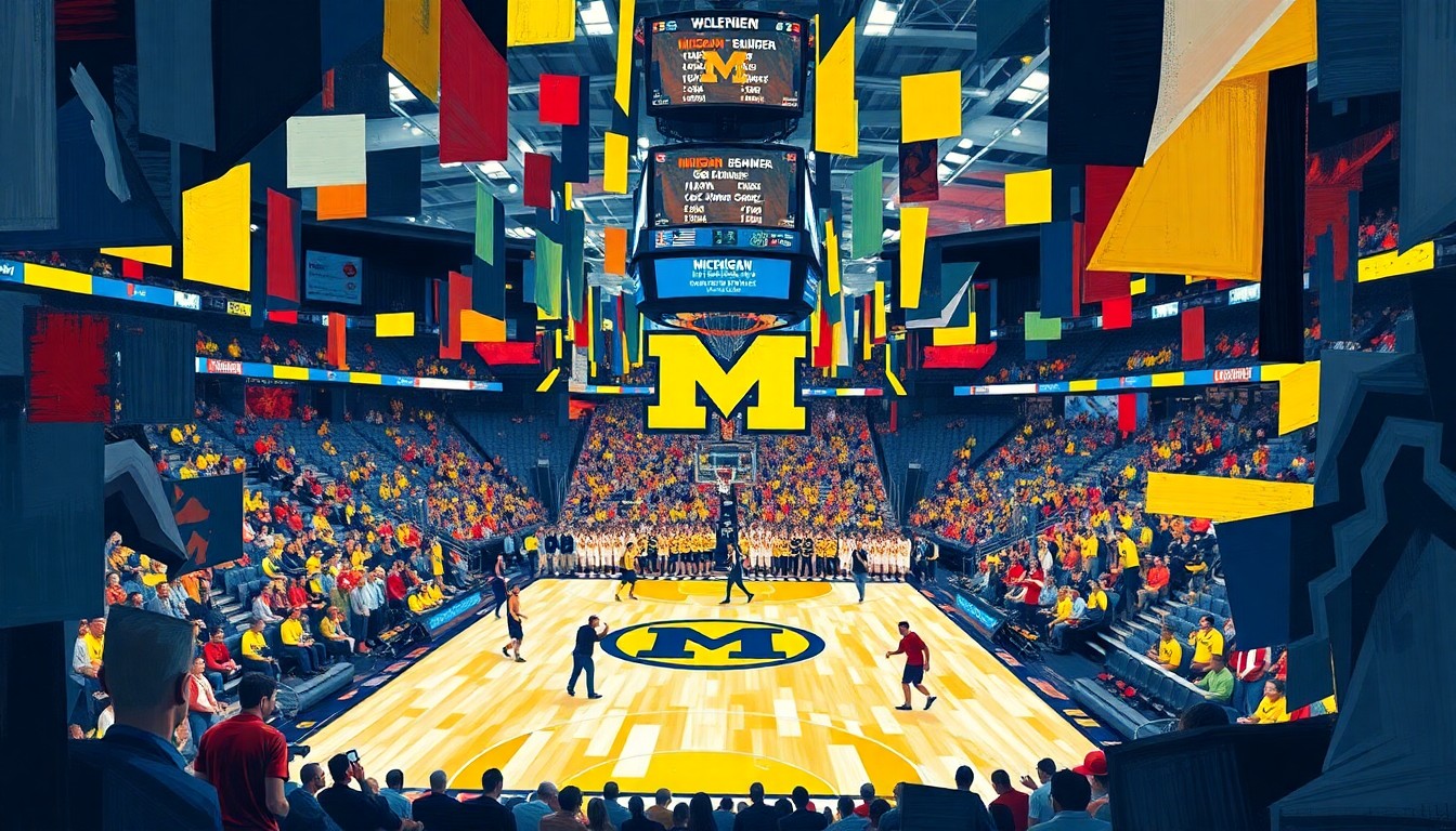 A fractured, cubist-style painting depicting a basketball game, with the players and court broken down into sharp, overlapping geometric shapes and planes of vibrant colors, conceptually representing the changing landscape of college sports.