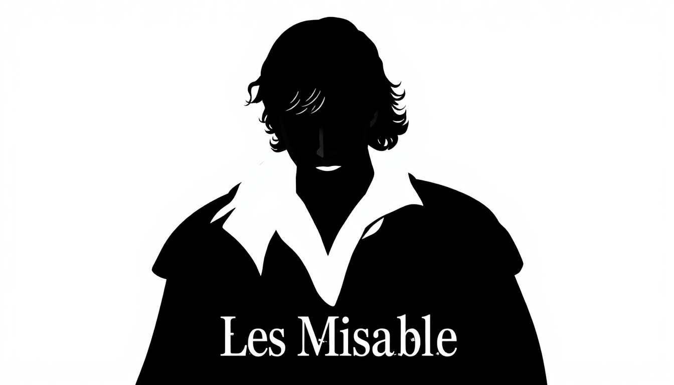 A dramatic, minimalist silhouette of the iconic Les Miserables character Valjean, rendered in bold black and white with a splash of red, capturing the musical's themes of struggle and transformation.