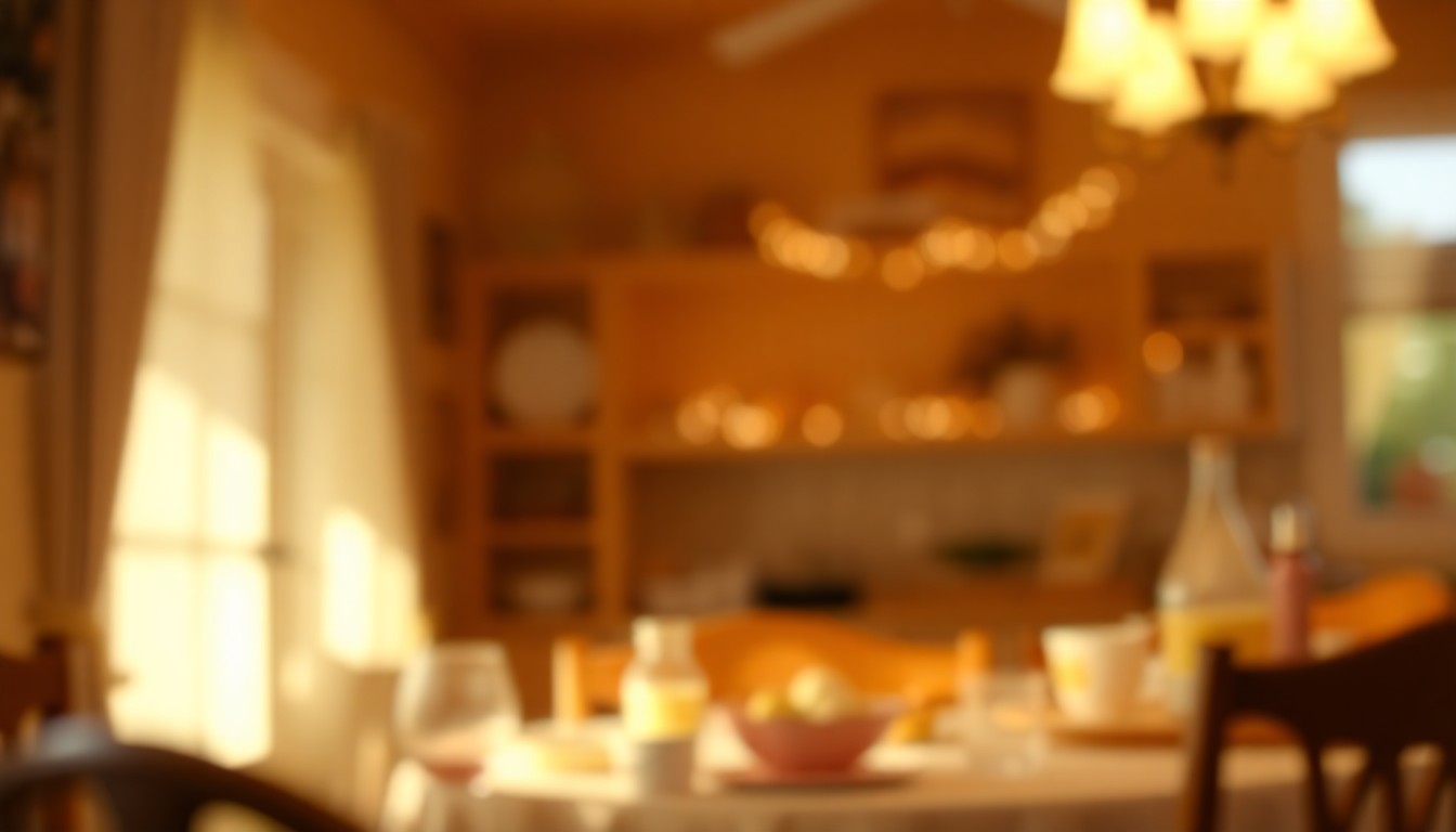 An abstract, out-of-focus photograph featuring soft, warm pools of light and blurred shapes, conceptually representing the cozy, familial atmosphere of the Schmidt's Sausage Haus restaurant.