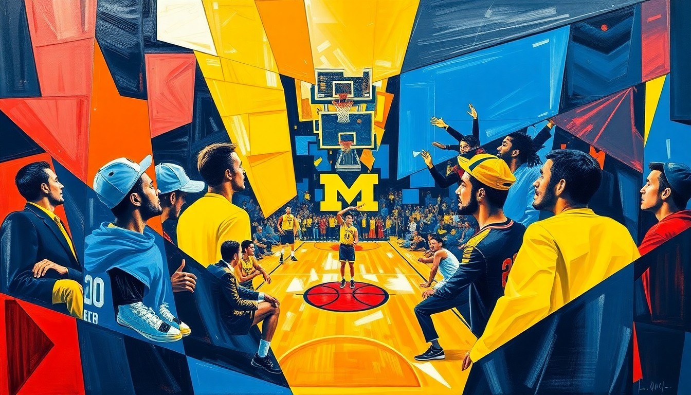 A cubist, geometric painting in vibrant shades of blue and yellow, depicting the dynamic action of a basketball game through fragmented, overlapping shapes and planes.