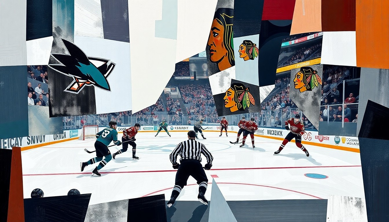 A fractured, geometric painting depicting a hockey game between the San Jose Sharks and Chicago Blackhawks, with the players' movements and the action on the ice rendered in a cubist style using sharp, overlapping planes of color.
