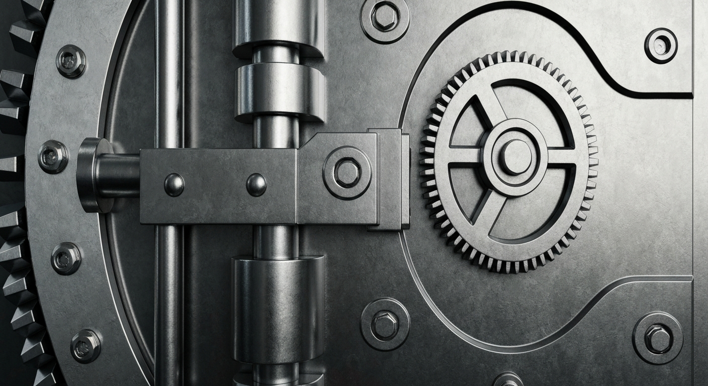 An extreme close-up of the heavy, industrial mechanisms of a bank vault door, conveying a sense of financial security and stability through its dramatic lighting and textured metal surfaces.