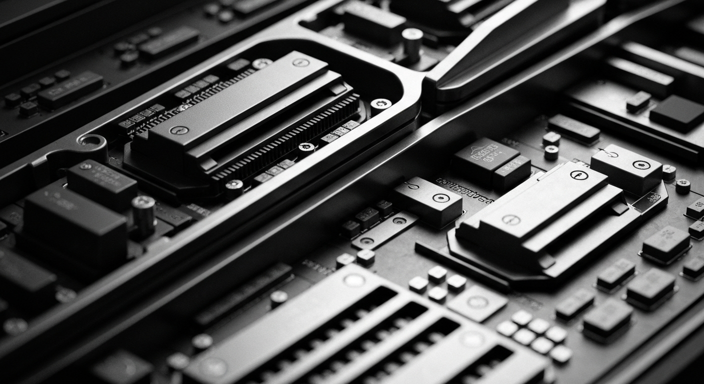 A high-contrast, cinematic close-up of interlocking gears, circuits, and computer components, conceptually representing the complex financial technology that enables real-time virtual communication.
