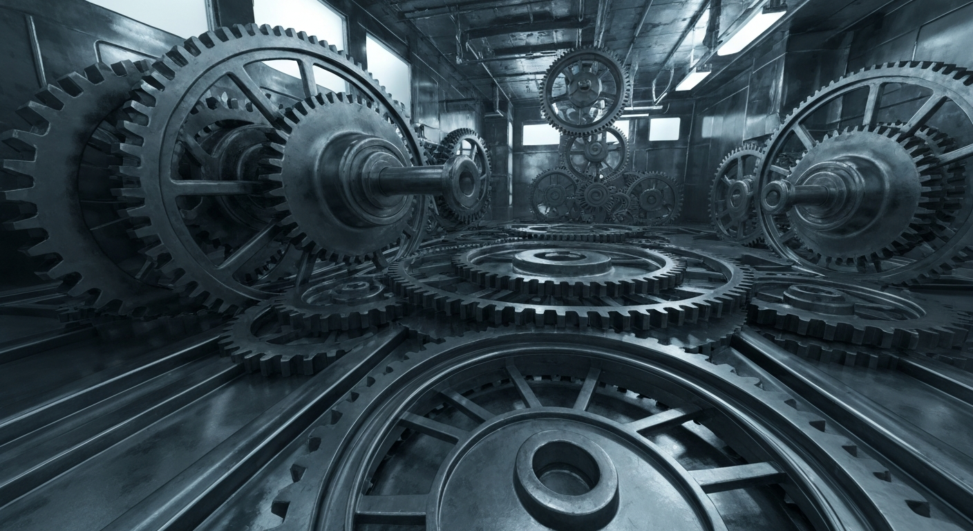 An extreme close-up of the heavy, industrial machinery and mechanisms that make up the inner workings of a bank vault, conveying a sense of strength, security, and the tangible nature of financial institutions.