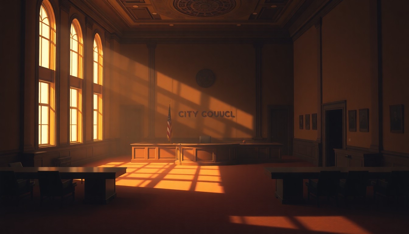 A dimly lit, cinematic painting of an empty city council meeting room, with sunlight streaming through the windows and casting long shadows across the empty chairs and desks, conveying a sense of quiet contemplation and civic decision-making.