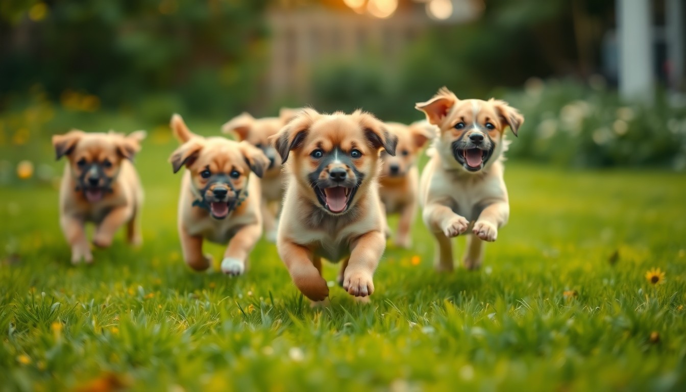 An impressionistic, out-of-focus photograph showing a group of playful puppies running through a lush, green yard, their wagging tails and joyful energy creating a dreamlike, heartwarming scene.