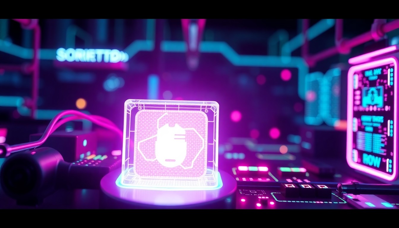 A highly detailed, glowing 3D illustration of various cybernetic hardware components and infrastructure, including circuit boards, cables, and data servers, all illuminated by vibrant neon cyan and magenta lights, conceptually representing the complex interplay between human and artificial intelligence.
