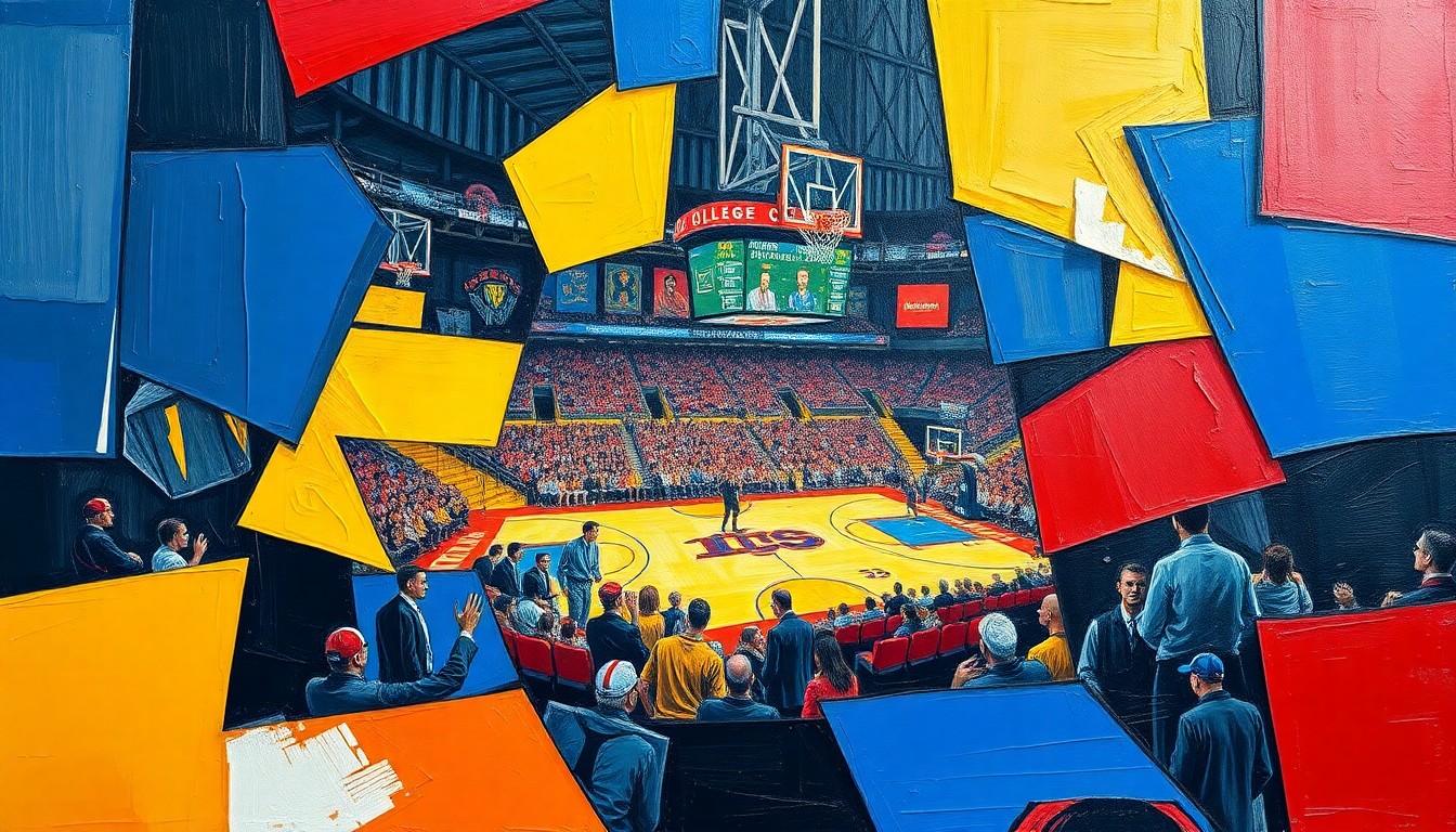 A cubist, geometric painting depicting the chaotic action of a college basketball championship game, with fragmented and overlapping shapes in vibrant colors representing the players and movement on the court.