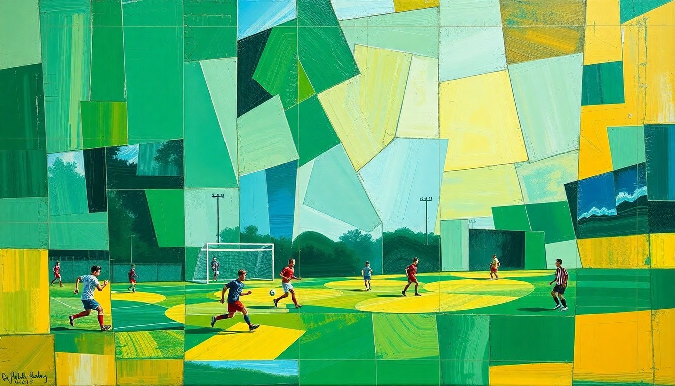 A fragmented, geometric painting in shades of green, blue, and yellow, depicting the dynamic movements and perspectives of a high school soccer game.