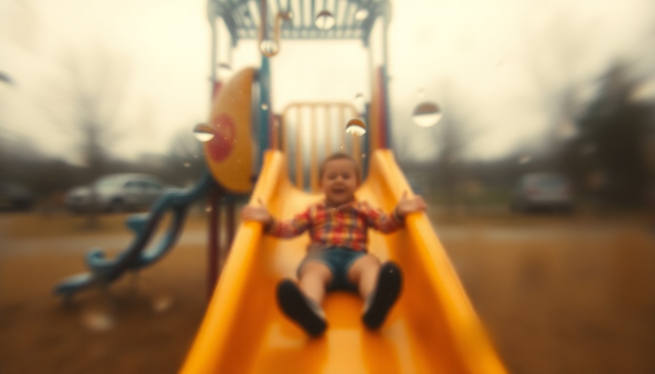 An abstract, out-of-focus image showing the blurred silhouette of a child sliding down a playground slide, with the scene rendered in soft, warm tones and a sense of movement and energy.