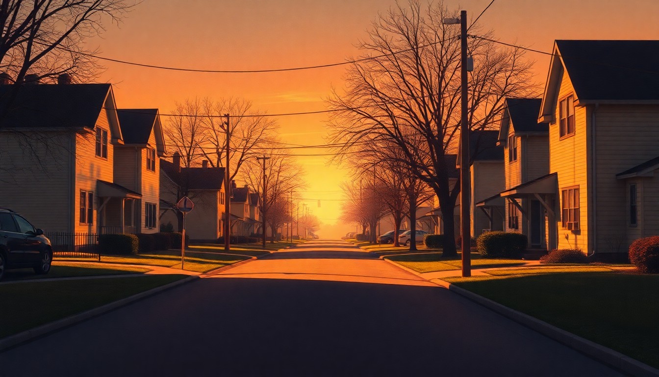 A serene, nostalgic painting of a residential street in a suburban town, with warm sunlight casting long shadows across the scene, conceptually representing the tensions over affordable housing policy.
