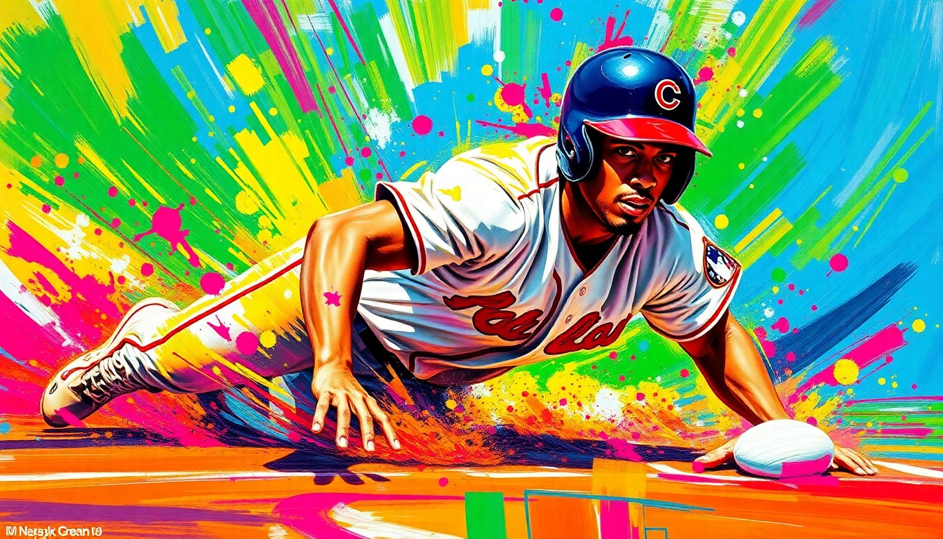 An abstract, energetic painting featuring bold brushstrokes in neon shades of blue, green, and orange, capturing the dynamic motion of a baseball player sliding into a base, with the player's features obscured by the expressive, textured brushwork.