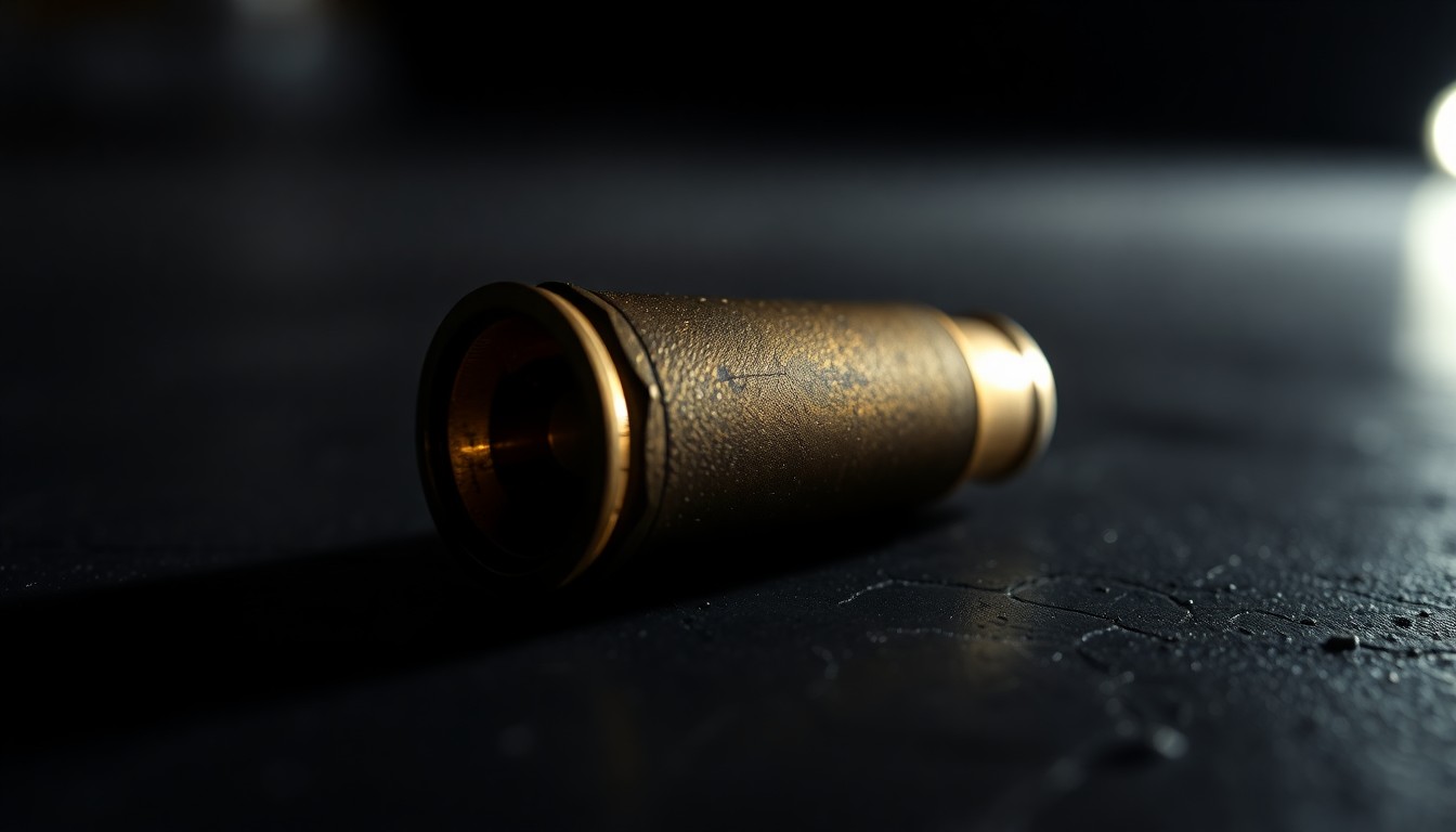 An extreme close-up photograph of a spent shell casing on a dark surface, conceptually illustrating the evidence of a violent crime.