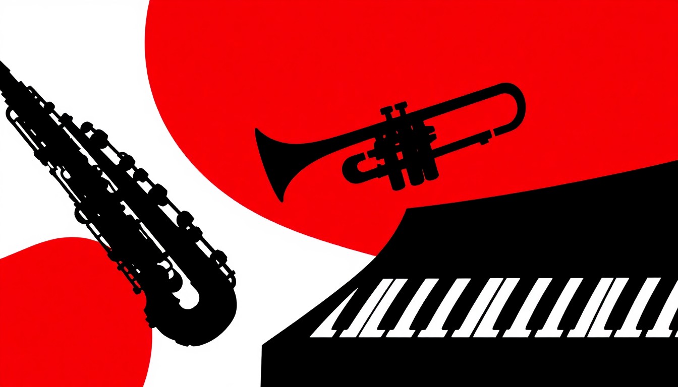 A minimalist, abstract illustration featuring bold black silhouettes of jazz instruments against a high-contrast red and white background, conceptually representing the opening of a new community-focused music venue.