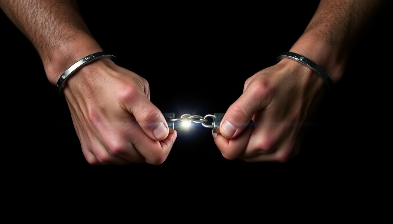 An extreme close-up photograph of handcuffed hands, the metal cuffs reflecting a bright flash of light against a pitch-black background, conceptually representing the ethical dilemmas that can arise when the public intervenes in a criminal case.