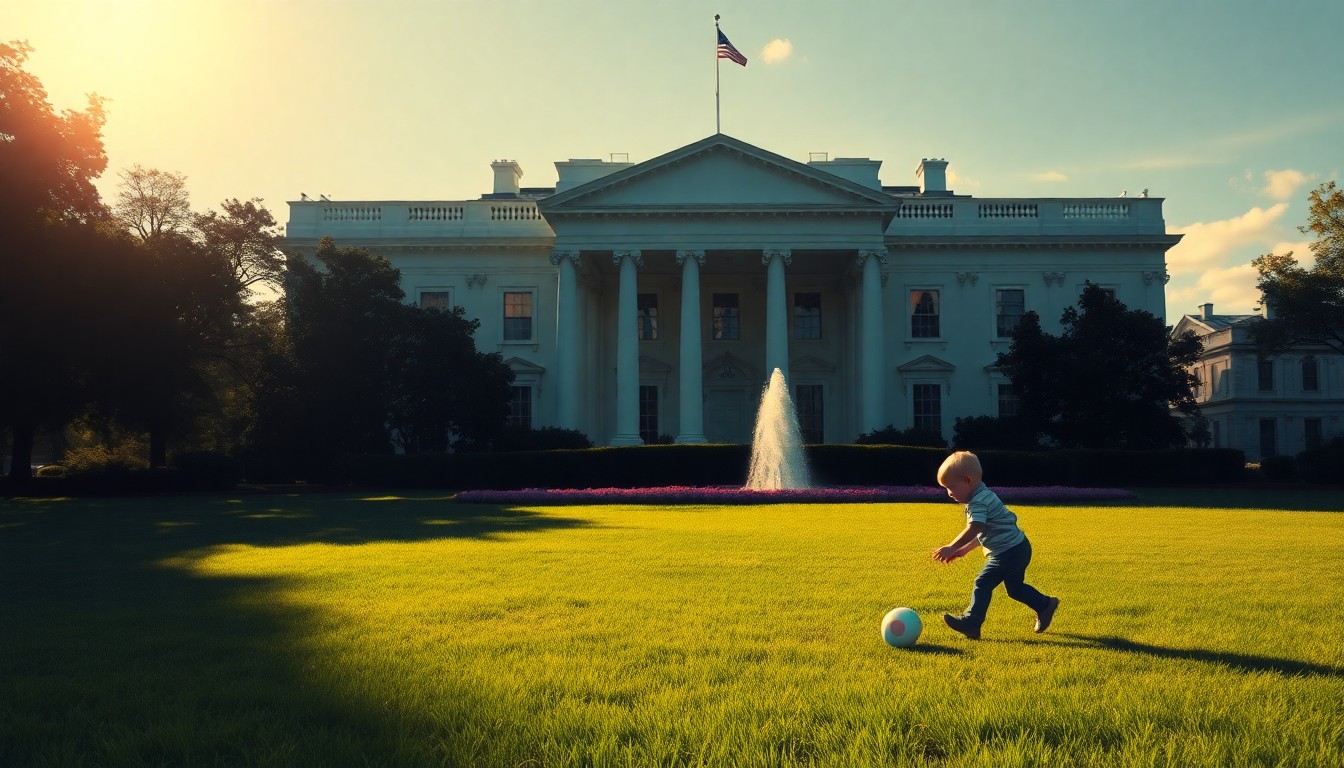 A serene, painterly scene of a child rolling an Easter egg on the White House lawn, with warm sunlight and deep shadows creating a contemplative mood.