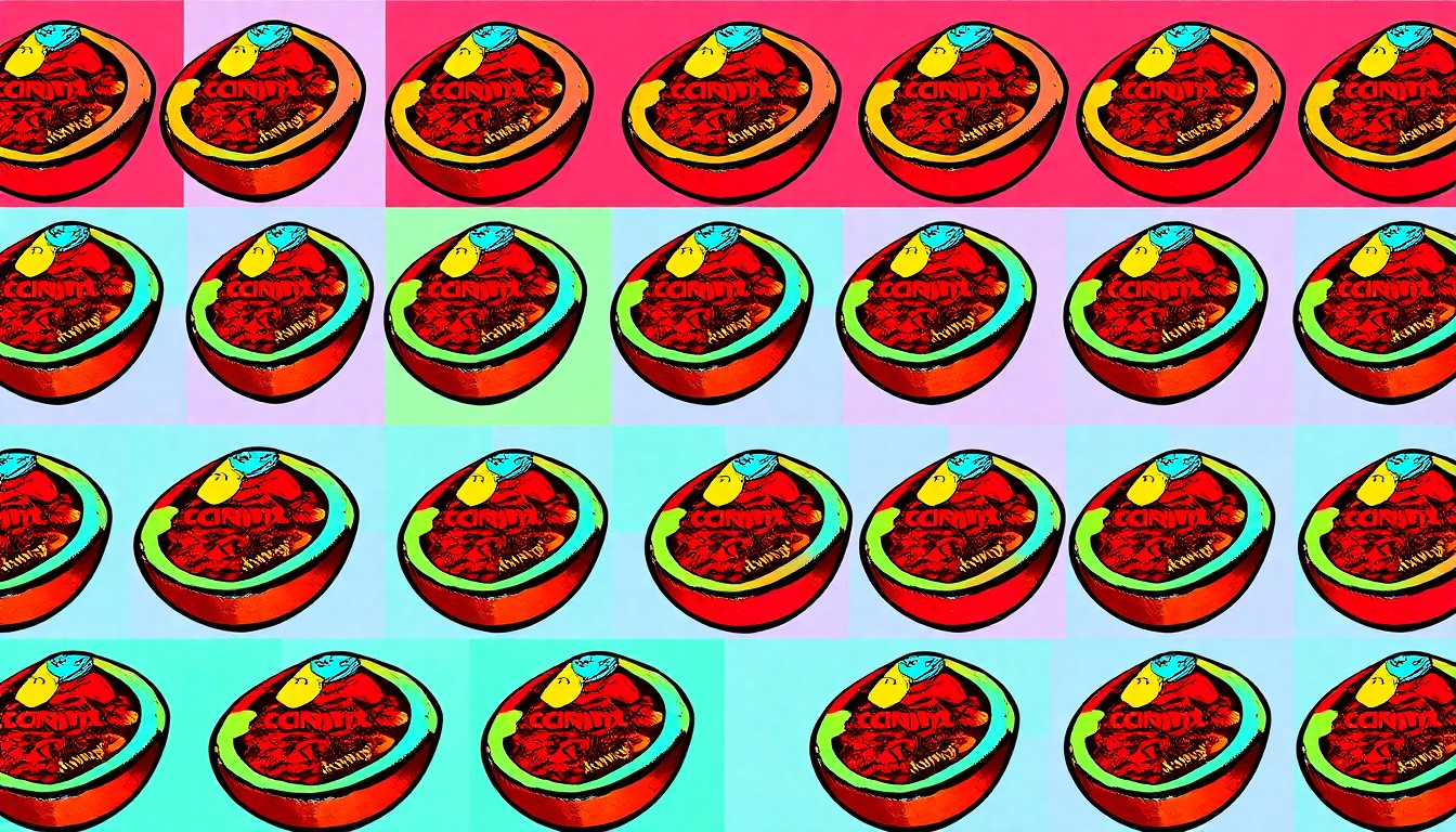 A high-contrast, silkscreen-style illustration featuring a grid of several different Cincinnati chili dishes, including a 3-way, chili cheese fries, and a chili-topped baked potato, rendered in a bold, neon color palette that captures the dish's iconic status.