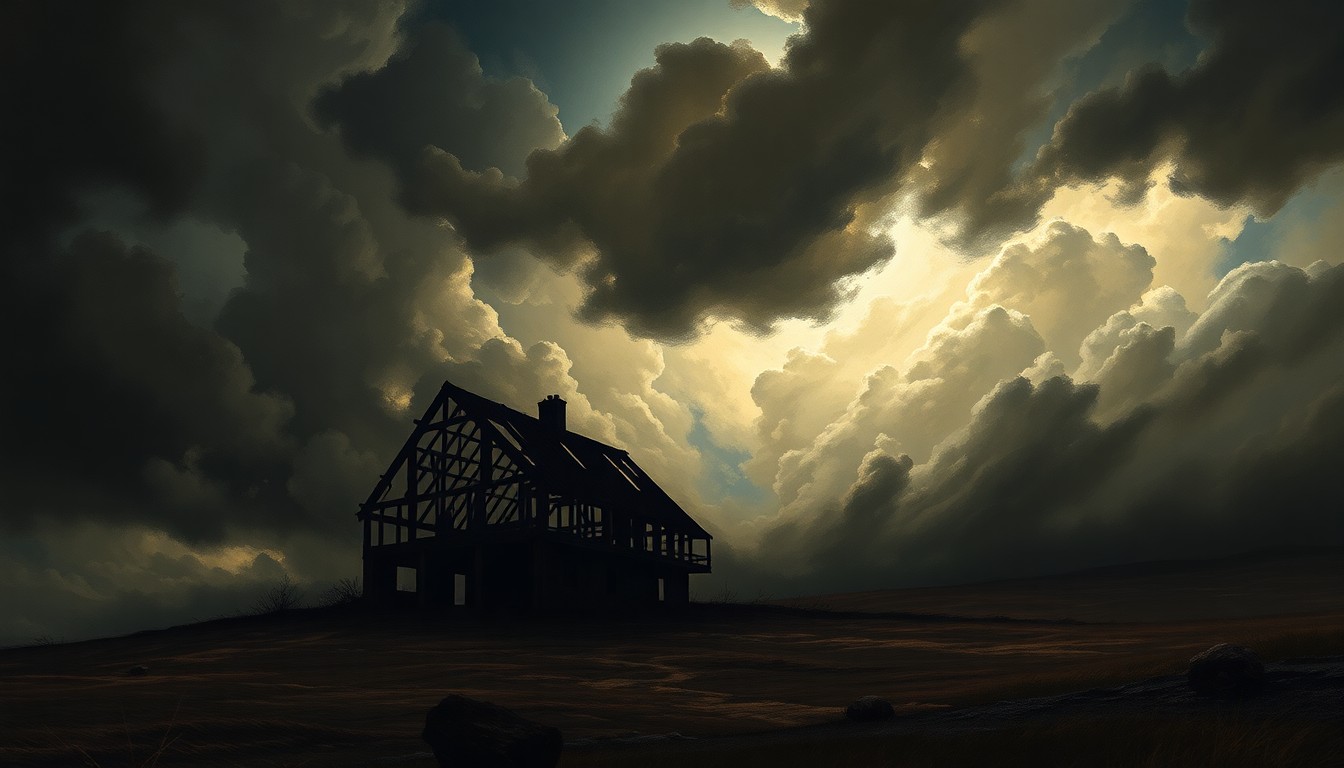 A sweeping, atmospheric landscape painting depicting a charred, skeletal house silhouetted against a dramatic, stormy sky, conveying a sense of melancholy and the overwhelming power of nature.