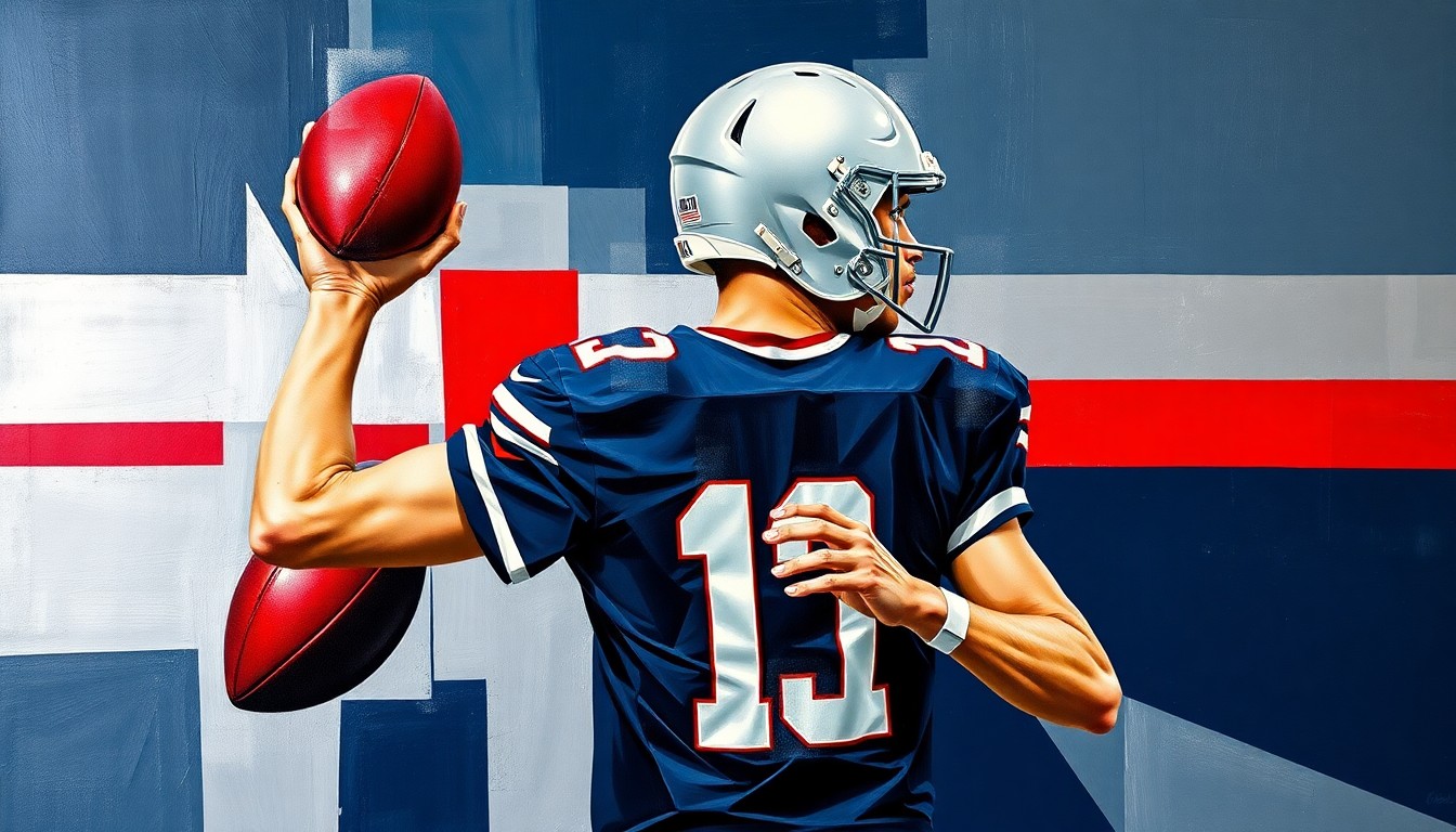 A cubist-style painting depicting a quarterback dropping back to pass, with the figure broken down into sharp, overlapping geometric shapes in a palette of silver, navy blue, and crimson red, conveying the dynamic energy of an NFL play.
