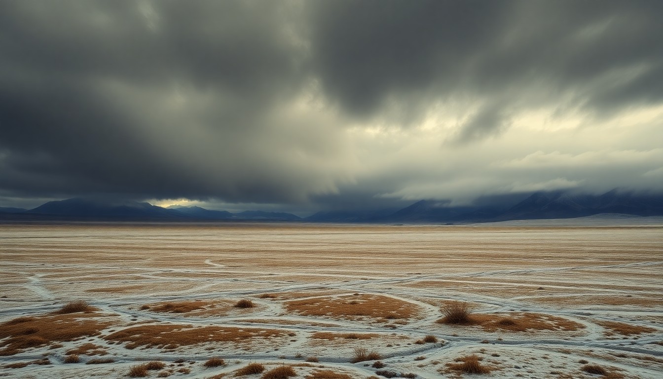 A sweeping, atmospheric landscape painting in muted tones of gray, blue, and white, depicting a vast, frozen field under a heavy, overcast sky, conveying the overwhelming power of nature and the vulnerability of the landscape to extreme cold.