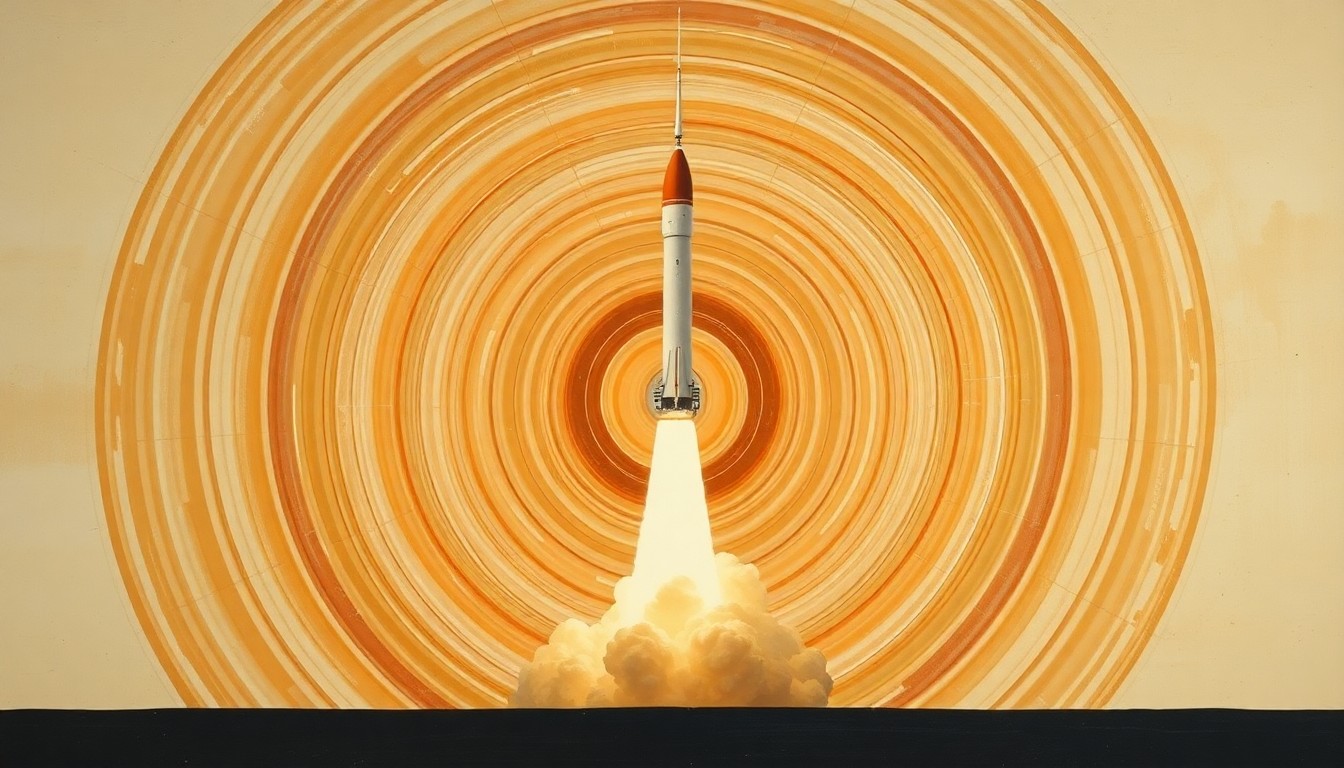 A bold, abstract painting in earthy tones depicting the launch of a SpaceX Falcon 9 rocket, with sweeping geometric arcs, concentric circles, and precise spirals representing the structural forces and energy of the launch.