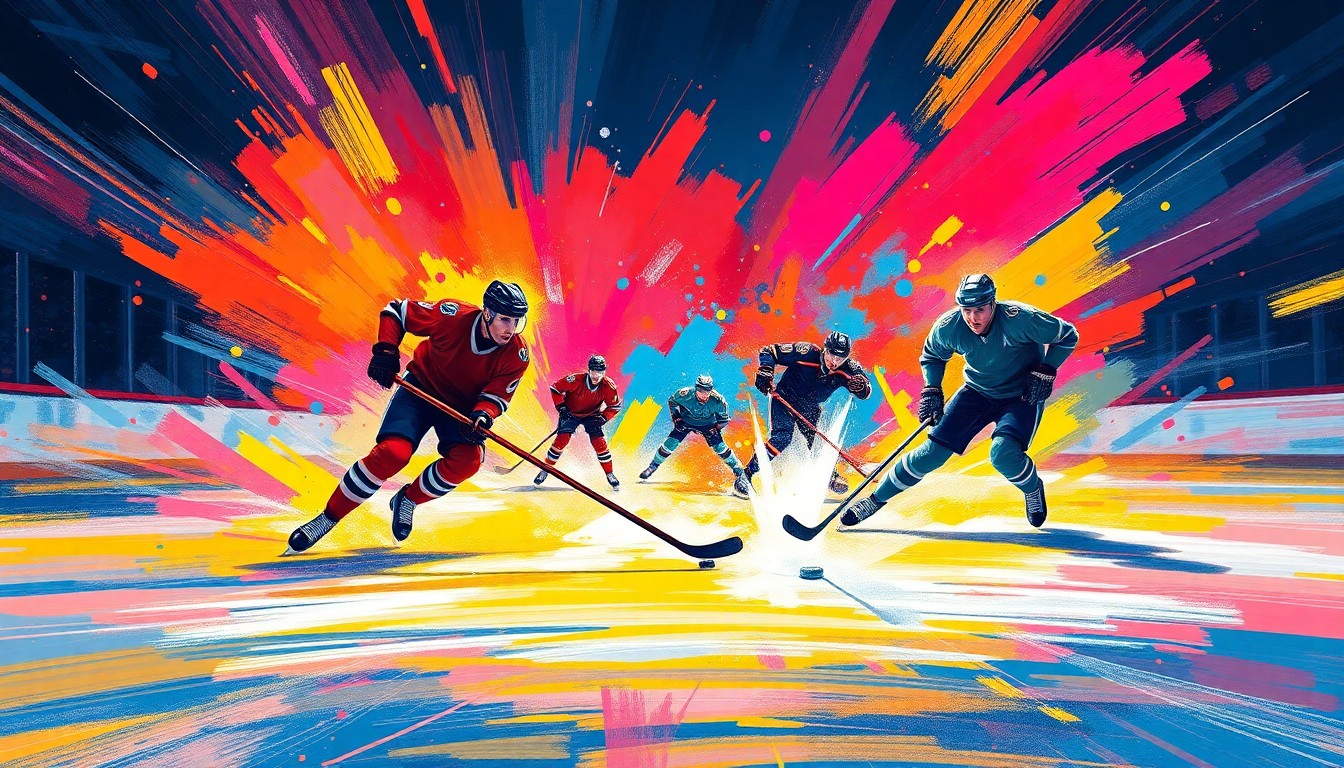 An abstract, neon-colored painting depicting the frenetic action of a professional ice hockey game, with players' forms blending into energetic brushstrokes and the puck leaving a trail of light across the canvas.