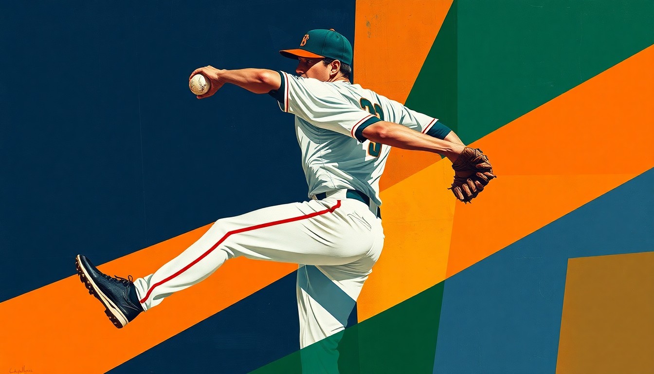 A cubist-style painting featuring overlapping geometric shapes in navy, green, and orange, representing the fragmented motion of a baseball pitcher.