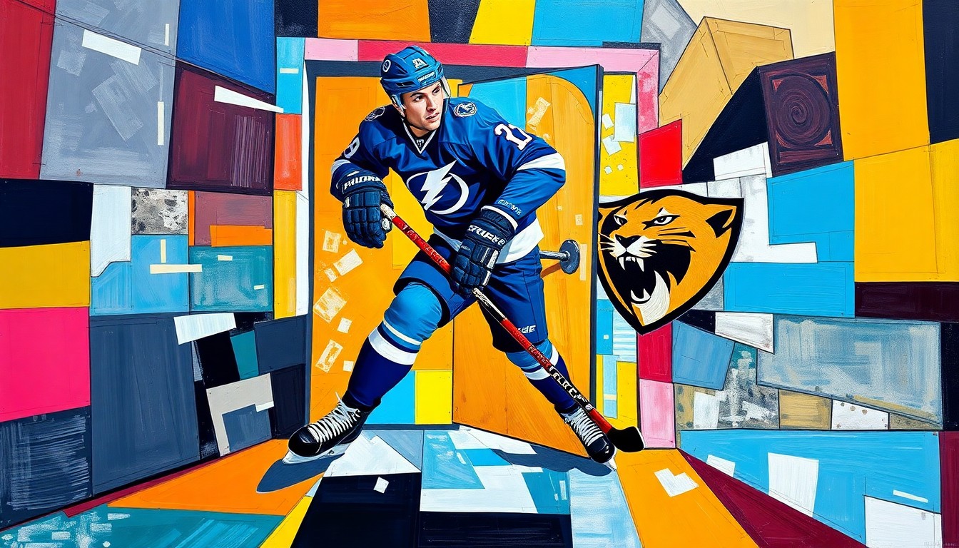 A fractured, geometric painting depicting the collision of a hockey player with an unlatched penalty box door, using sharp, overlapping planes and the team colors of the Tampa Bay Lightning and Florida Panthers to conceptually represent the incident.