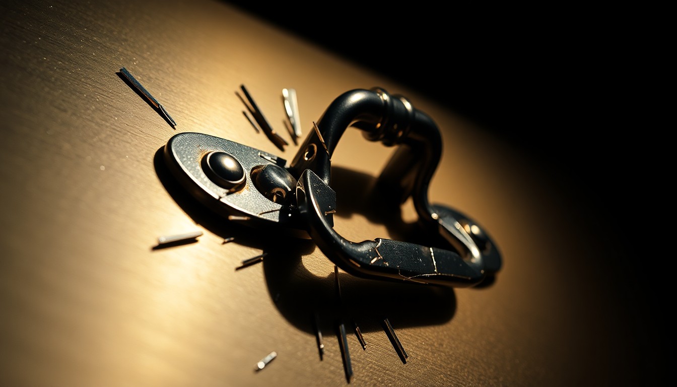 An extreme close-up photograph of a shiny, metallic briefcase handle reflecting dramatic studio lighting, conveying the glossy, high-stakes thriller aesthetic of the film.