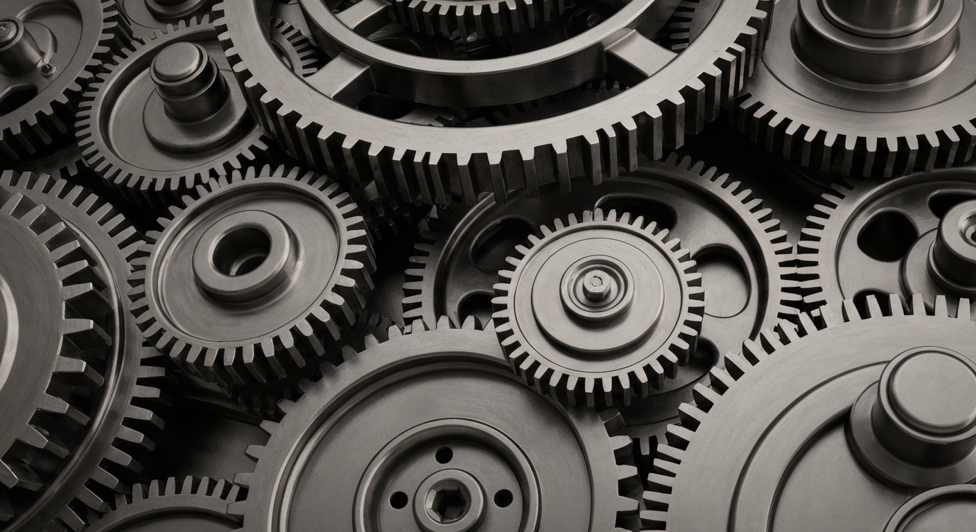 A highly detailed, cinematic close-up of heavy, industrial metal gears and machinery in shades of grey, bronze, and black, conceptually representing the complex financial infrastructure and institutional power of the luxury retail industry.