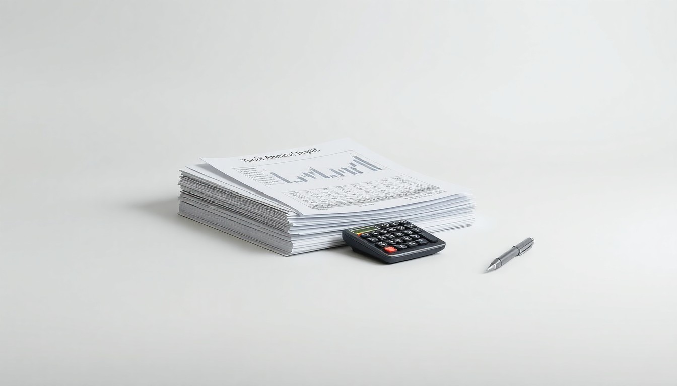 A minimalist, high-end studio photograph featuring a stack of stock trading reports, a calculator, and a single pen arranged elegantly on a clean, monochromatic background, symbolizing the abstract concepts of corporate finance, risk, and market analysis.