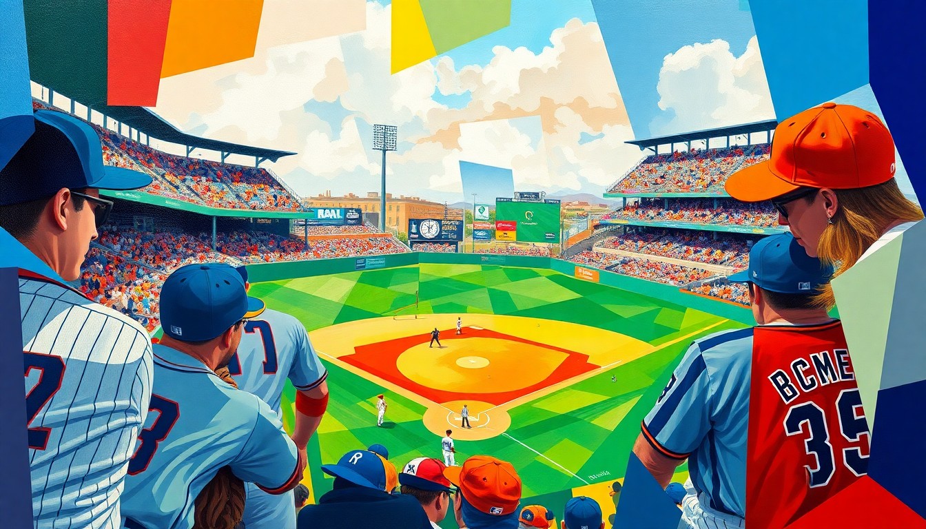 A cubist-style painting featuring fragmented, geometric shapes in the team colors of Hagerstown and Richmond, capturing the dynamic action and energy of a baseball game.