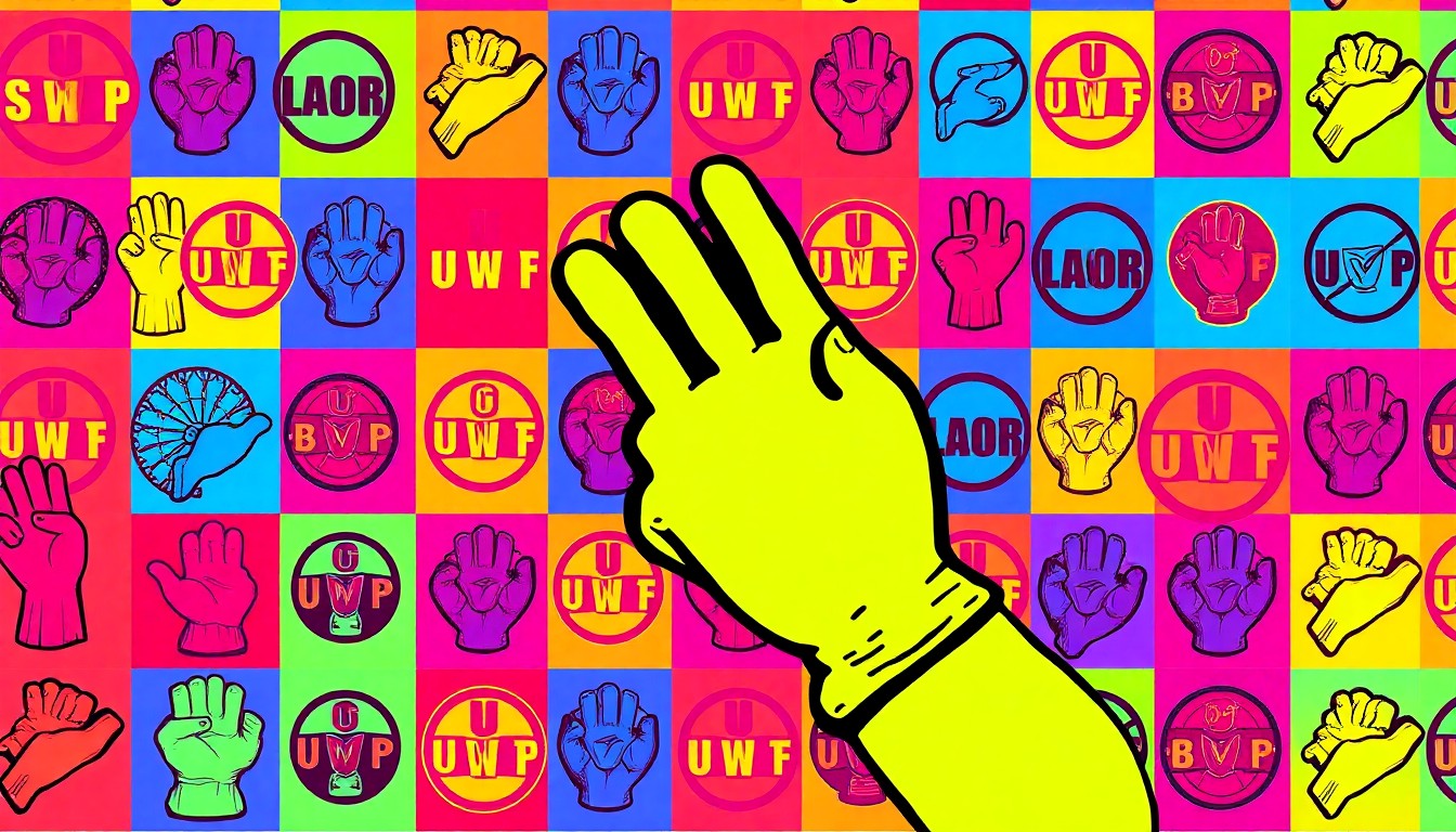 A brightly colored, high-contrast silkscreen print of a single, iconic labor-themed object such as a picket sign or worker's glove, repeated in a tight grid pattern, capturing the vibrant energy and visual impact of the Union Days event series.