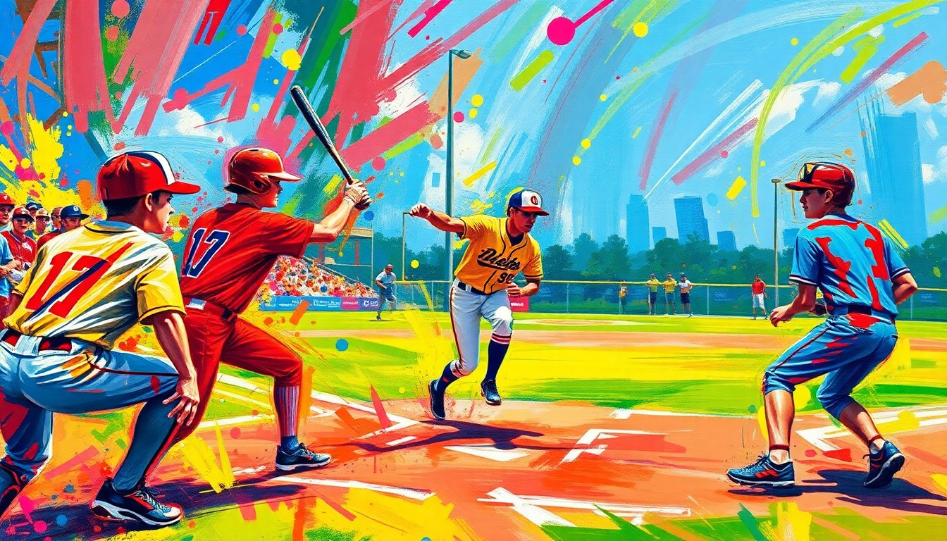 An abstract, expressionist painting in neon colors, with blurred, energetic brushstrokes capturing the intensity of a high school baseball game.