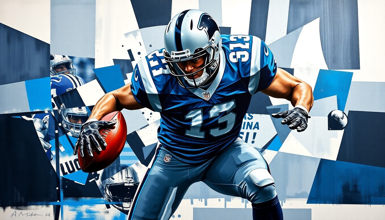 A cubist, geometric painting depicting a football player in the act of rushing the passer, with sharp, overlapping planes in navy blue, silver, and black colors.