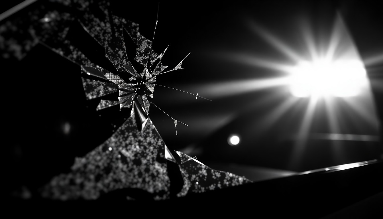 An extreme close-up of a shattered car window reflecting the flashing lights of a police vehicle, captured in stark black and white with a harsh, direct camera flash to create a gritty, investigative aesthetic of the aftermath of a crash involving a stolen vehicle.