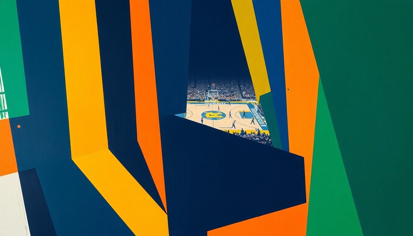A fragmented, geometric painting depicting the intense action and emotion of a basketball game, with sharp planes of color and overlapping shapes representing the dynamic movements and high stakes of the national championship matchup.