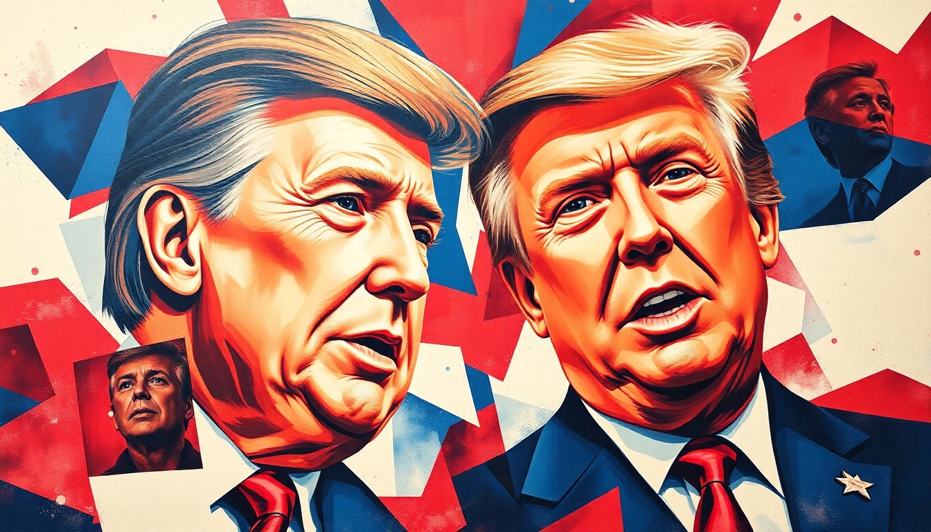 A vibrant, abstract painting featuring overlapping, fractured geometric shapes in shades of red, white, and blue, conveying the intensity and divisiveness of the political contest.