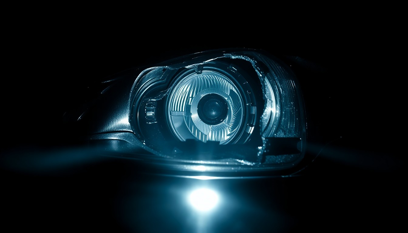 An extreme close-up photograph of a damaged car part, such as a shattered headlight or crumpled metal, lit by a harsh, direct camera flash against a pitch-black background, conveying a stark, gritty, and investigative aesthetic without depicting any literal violence.