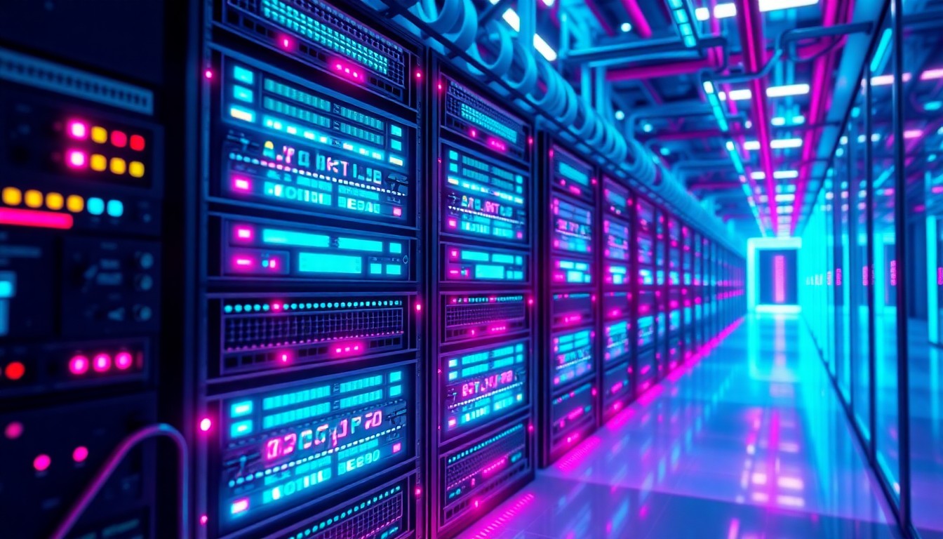 A highly detailed, glowing 3D illustration of a futuristic proxy server network, with neon cyan and magenta lights illuminating the intricate hardware components, conceptually representing the advanced infrastructure powering data-driven business operations.