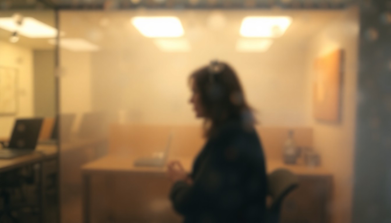 An abstract, out-of-focus image depicting a blurred silhouette of a person in an office setting, with soft, warm pools of color and light, conveying a sense of emotional distance and the quiet harm that can occur in professional environments.