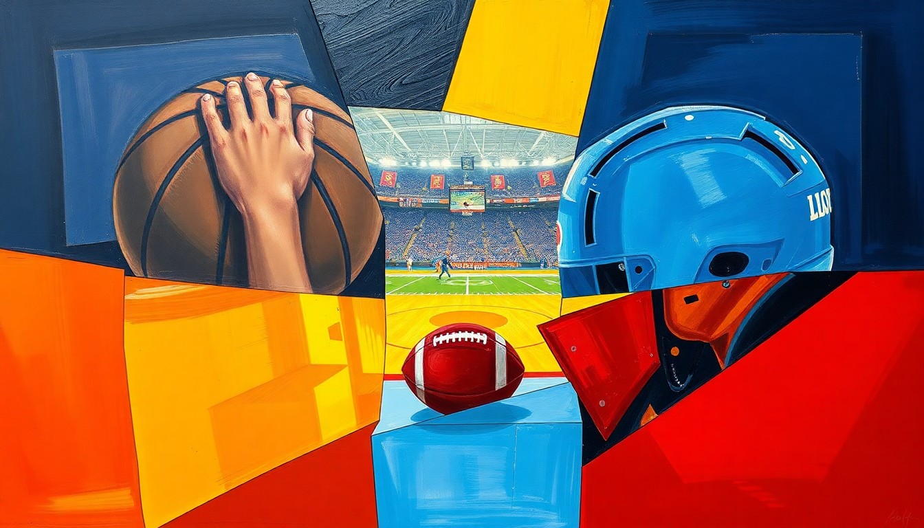 A fractured, multi-perspective painting breaking down college sports competitions into sharp, overlapping geometric planes in navy, yellow, and red, conceptually representing the Big Ten's athletic prowess.