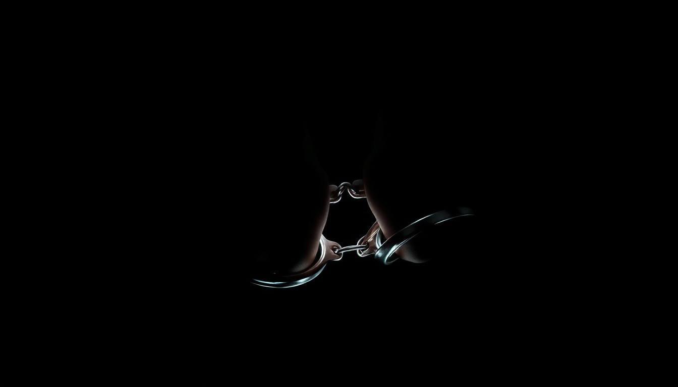 An extreme close-up photograph of a pair of handcuffed wrists against a pitch-black background, creating a stark, gritty, investigative aesthetic that conceptually represents the harsh realities of human trafficking.