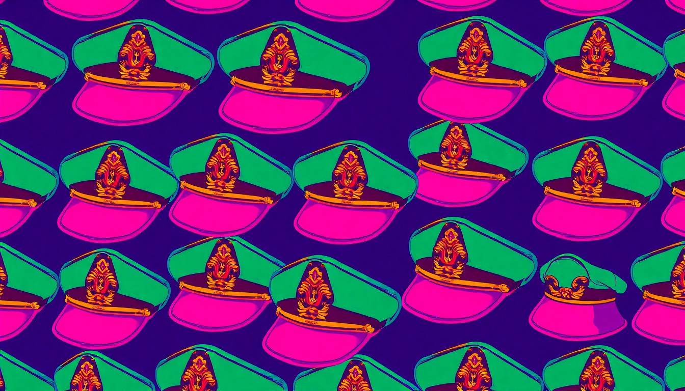 A bold, pop art-inspired illustration featuring a repeating pattern of a military uniform cap in vibrant neon colors, conceptually representing the Pledge Vet program's mission to honor veteran service through civic engagement.