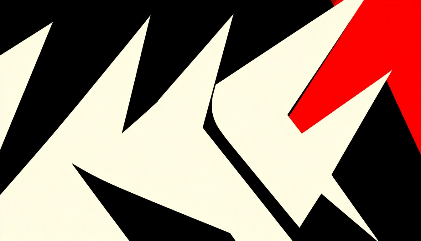 A dynamic, abstract composition of bold, angular black shapes against a stark white background, with accents of vibrant red, conceptually representing the energy and artistic exchange of a film screening event.