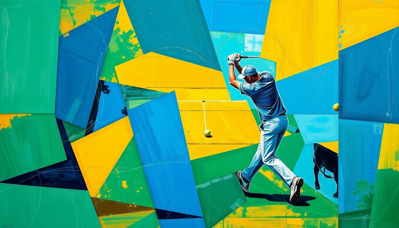 A cubist, geometric painting depicting a tennis player or golfer in motion, with sharp, overlapping shapes and planes in vibrant colors like blue, green, and yellow, conveying the dynamic energy of collegiate sports.